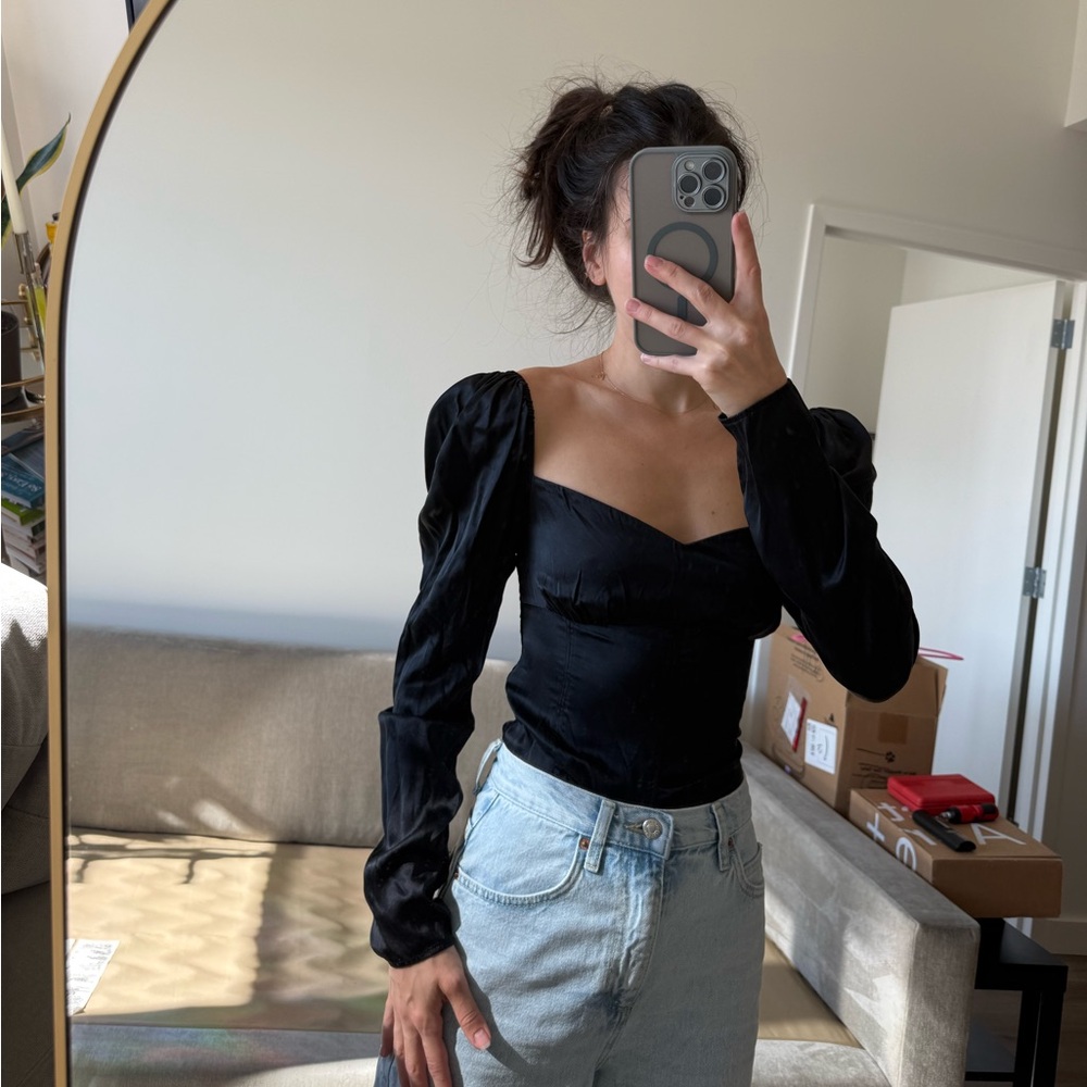 Reformation satin Black Long Sleeve Top XS
